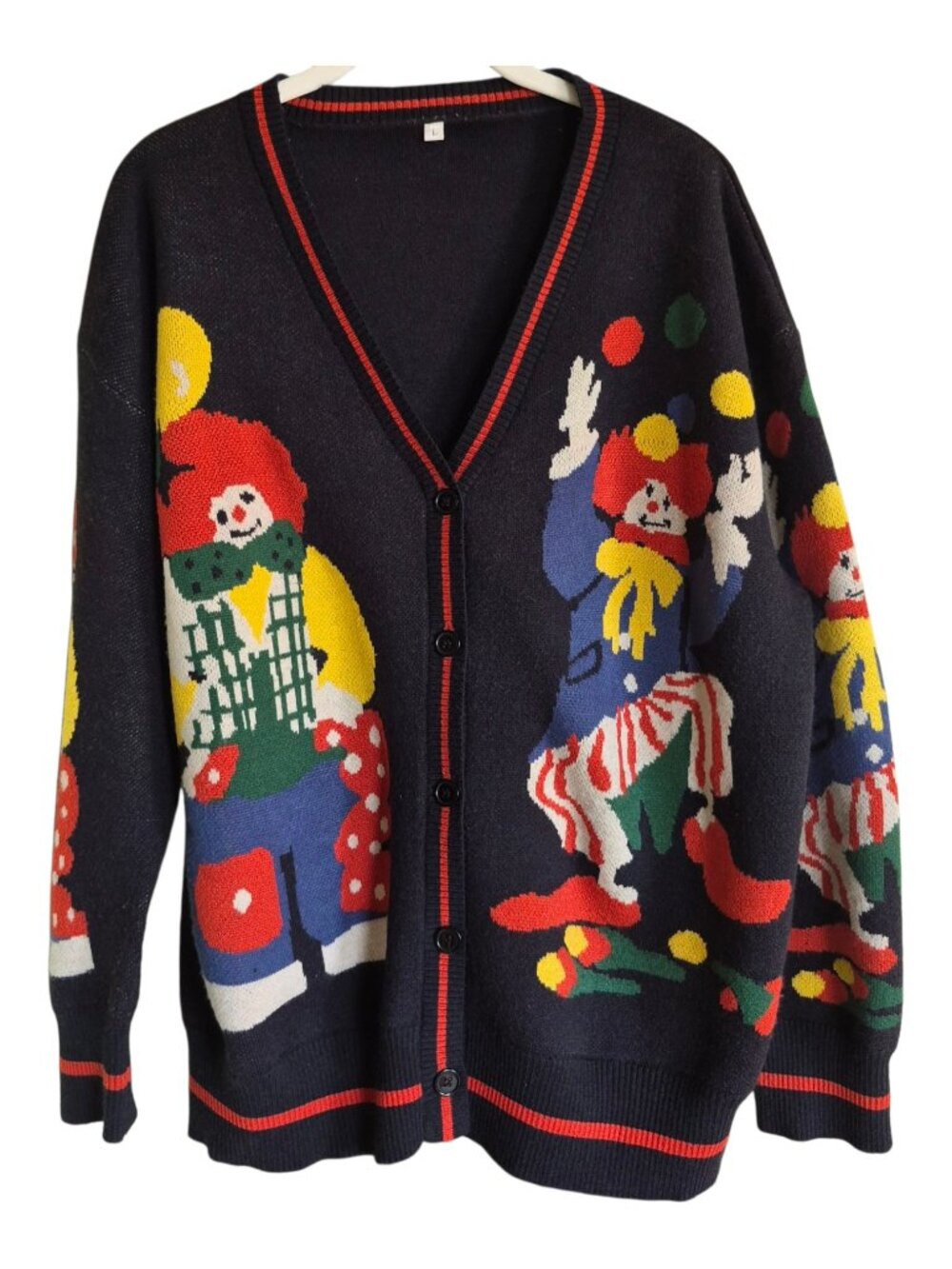 Clown Cardigan Sweater Size L Black Circus Novelty Oversized Retro Clowncore Art - Picture 4 of 14